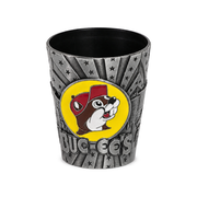 Buc-ee's souvenir cup with an embossed silver-tone finish, yellow enamel beaver logo, raised star pattern, and black interior