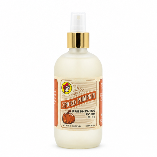 Buc-ee's Spiced Pumpkin Freshening Room Mist, 8 fl oz frosted spray bottle with gold pump and vintage pumpkin label