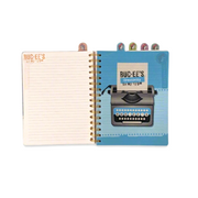 Inside Buc-ee’s spiral notebook journal showing a lined page and the blue Creativity section divider with typewriter art
