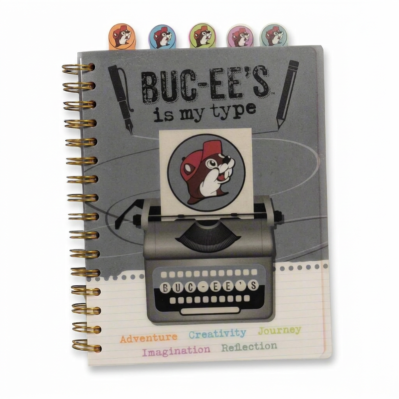 Buc-ee’s spiral notebook journal with gray Is My Type typewriter cover, coil binding and five colorful beaver divider tabs
