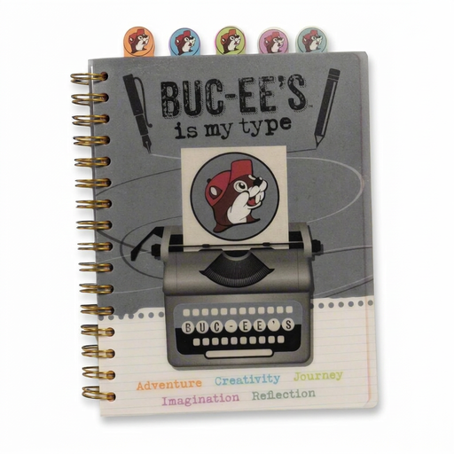 Buc-ee’s spiral notebook journal with gray Is My Type typewriter cover, coil binding and five colorful beaver divider tabs
