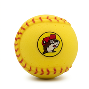 Buc-ee’s Splash Ball in yellow softball style with red stitching, small holes, and the beaver logo