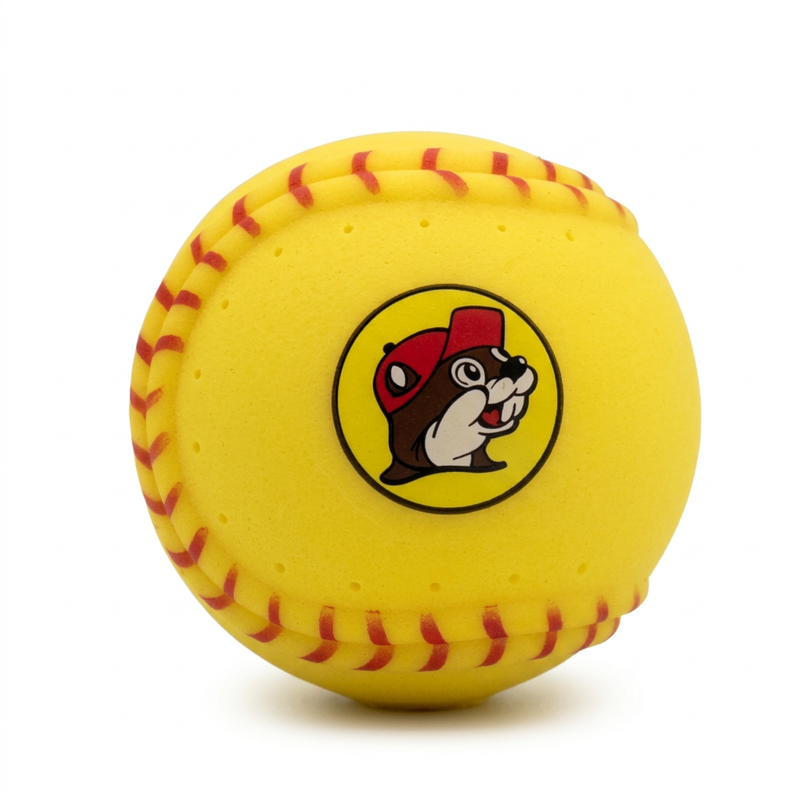Buc-ee’s Splash Ball in yellow softball style with red stitching, small holes, and the beaver logo
