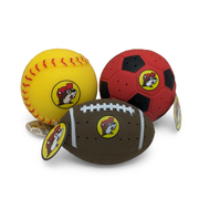Buc-ee’s Splash Balls in yellow softball, red soccer ball, and brown football styles, each with the beaver logo