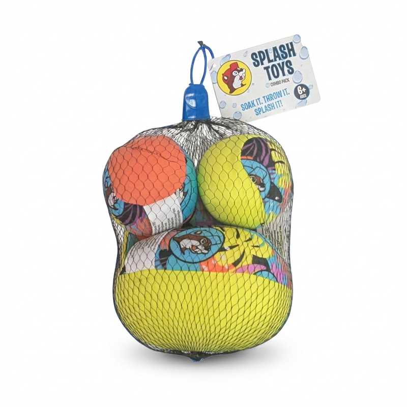 Buc-ee’s Splash Toys combo pack of tropical print water balls in a mesh bag, made to soak and throw, ages 6 and up