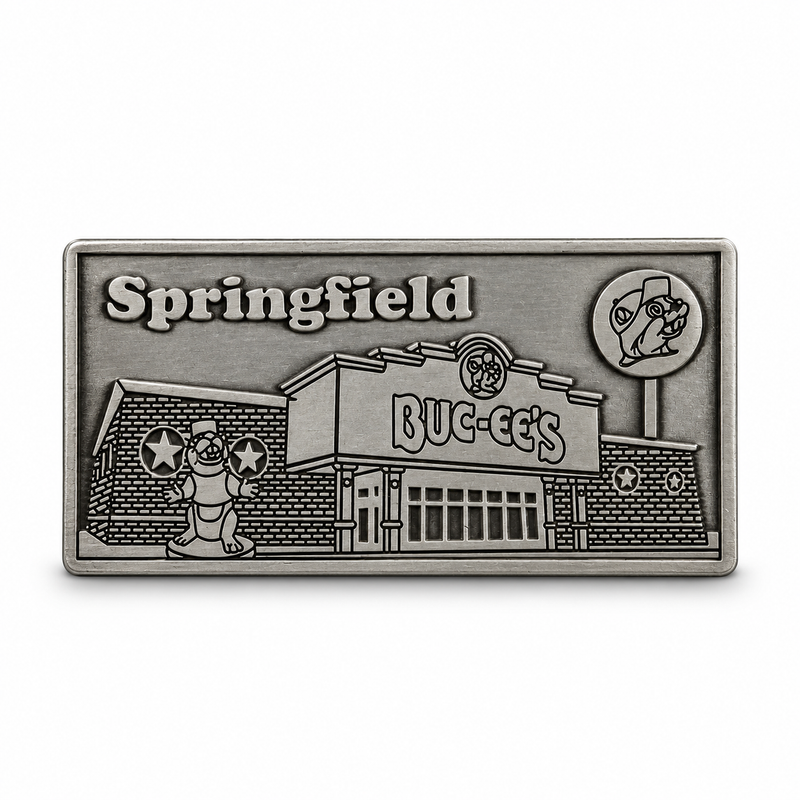 Buc-ee’s Springfield, MO metal location magnet in antique silver finish with embossed Buc-ee’s store and beaver statue