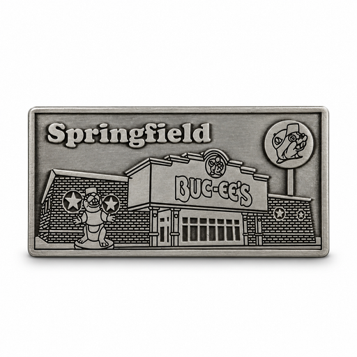 Buc-ee’s Springfield, MO metal location magnet in antique silver finish with embossed Buc-ee’s store and beaver statue