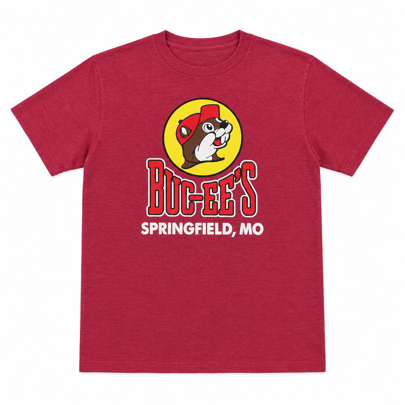 Buc-ee's Springfield, MO location t-shirt in red, short sleeve crewneck with beaver mascot logo