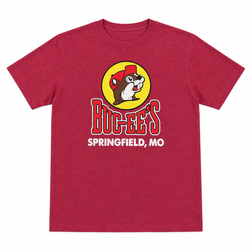 Buc-ee's Springfield, MO location t-shirt in red, short sleeve crewneck with beaver mascot logo