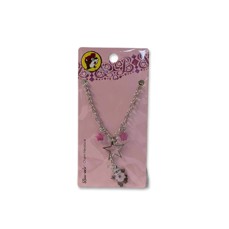 Buc-ee’s Star Charm Necklace with a silver-tone open star pendant, two small pink star charms, and a dangling beaver charm in pink