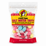 Buc-ee’s State Fair Salt Water Taffy, 12 oz bag with cotton candy, buttered popcorn, bubble gum, and red licorice flavors