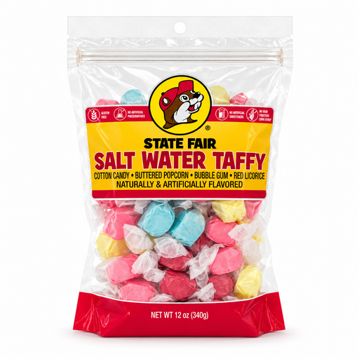 Buc-ee’s State Fair Salt Water Taffy, 12 oz bag with cotton candy, buttered popcorn, bubble gum, and red licorice flavors