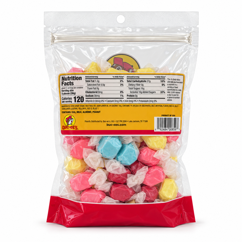 Back of Buc-ee’s State Fair Salt Water Taffy bag showing nutrition facts, 120 calories per 5-piece serving, and ingredients
