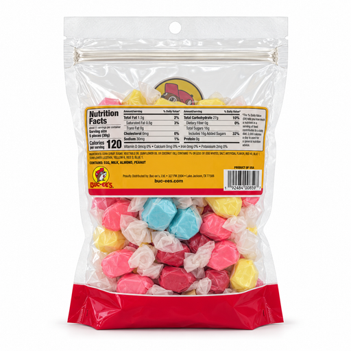 Back of Buc-ee’s State Fair Salt Water Taffy bag showing nutrition facts, 120 calories per 5-piece serving, and ingredients