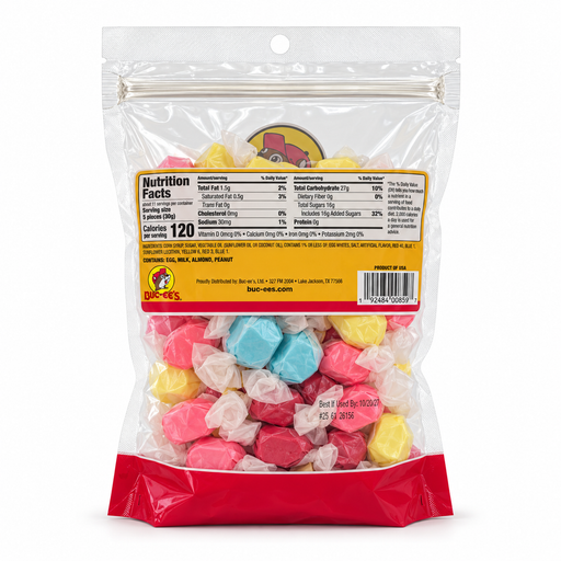 Back of Buc-ee’s State Fair Salt Water Taffy bag showing nutrition facts, 120 calories per 5-piece serving, and ingredients