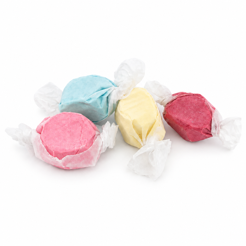 Buc-ee's State Fair Saltwater Taffy, four individually wrapped pieces in pink, blue, yellow, and red from a 12 oz bag