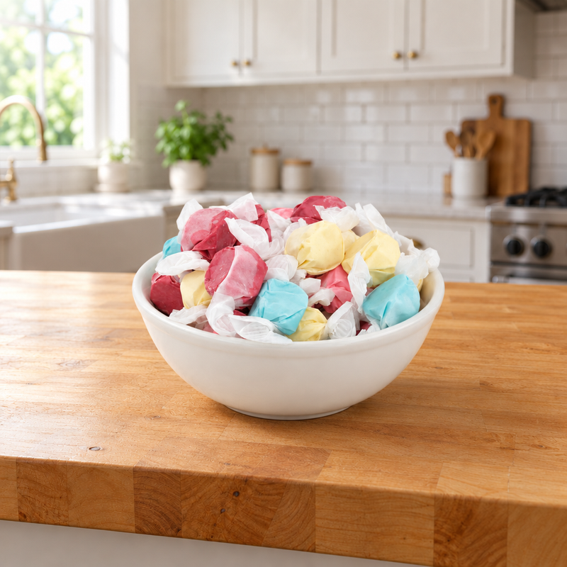 Buc-ee's State Fair Saltwater Taffy in red, pink, yellow, and blue, piled in a white bowl on a kitchen counter