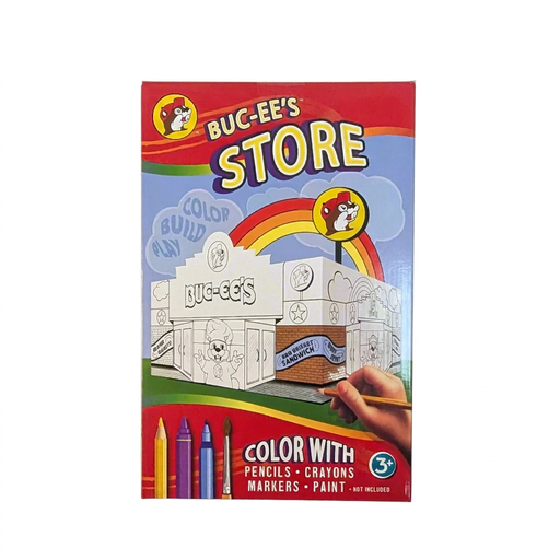 Buc-ee’s Color & Build Store activity kit in a red box, showing a build-your-own store model to color, for ages 3 and up