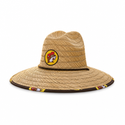 Buc-ee's lifeguard sun hat in woven straw with a wide brim, beaver logo patch, and brown cord band