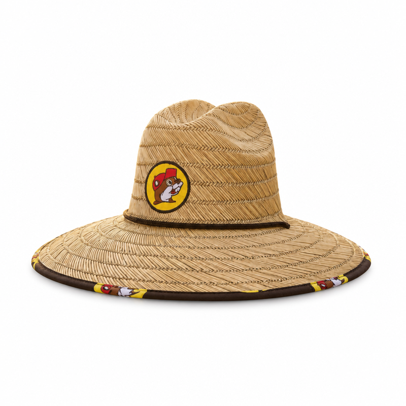 Buc-ee's lifeguard sun hat in woven straw with a wide brim, beaver logo patch, and brown cord band