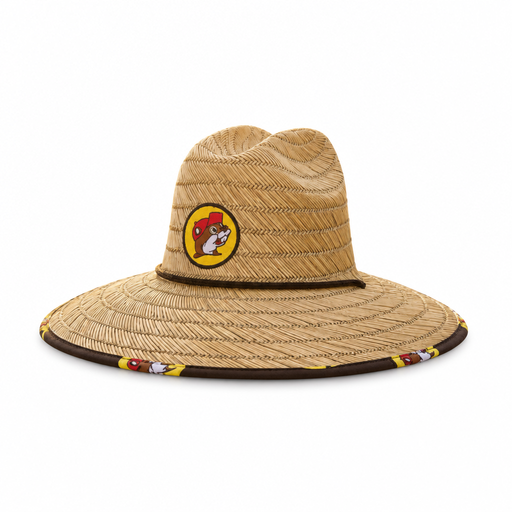 Buc-ee's lifeguard sun hat in woven straw with a wide brim, beaver logo patch, and brown cord band