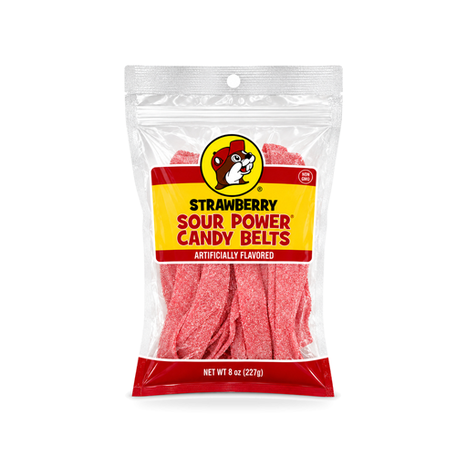 Buc-ee's Strawberry Sour Power Candy Belts in an 8 oz clear bag, sugar-coated red strips labeled non-GMO