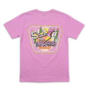 Buc-ee’s pink “Stuck on Buc-ee’s” T-shirt with a retro marquee sign graphic, cactus, and beaver in a pink cowboy hat