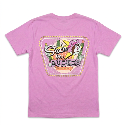 Buc-ee’s pink “Stuck on Buc-ee’s” T-shirt with a retro marquee sign graphic, cactus, and beaver in a pink cowboy hat