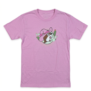 Buc-ee’s pink “Stuck on Buc-ee’s” T-shirt with a center chest graphic of the beaver in a pink cowboy hat among cacti