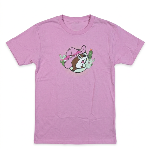 Buc-ee’s pink “Stuck on Buc-ee’s” T-shirt with a center chest graphic of the beaver in a pink cowboy hat among cacti