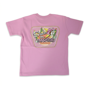 Back of Buc-ee’s pink youth T-shirt with a retro “Stuck on Buc-ee’s” sign graphic, cactus, and beaver in a pink cowboy hat