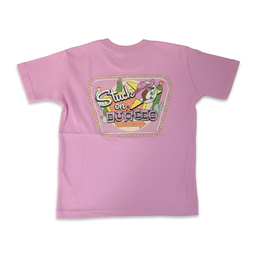 Back of Buc-ee’s pink youth T-shirt with a retro “Stuck on Buc-ee’s” sign graphic, cactus, and beaver in a pink cowboy hat