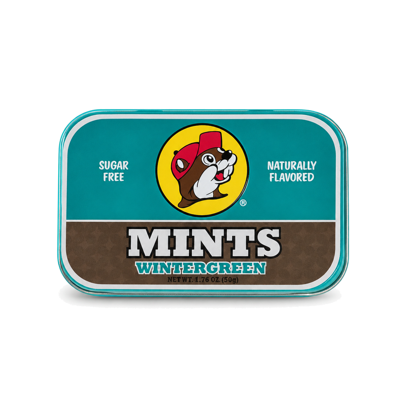 Teal tin of Buc-ee's sugar free Wintergreen Mints