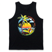 Buc-ee’s Summer Vibes tank top in black with palm trees, sunset, waves, and beaver logo in a circular beach graphic