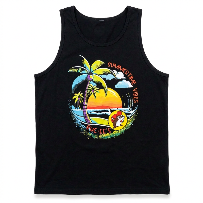 Buc-ee’s Summer Vibes tank top in black with palm trees, sunset, waves, and beaver logo in a circular beach graphic