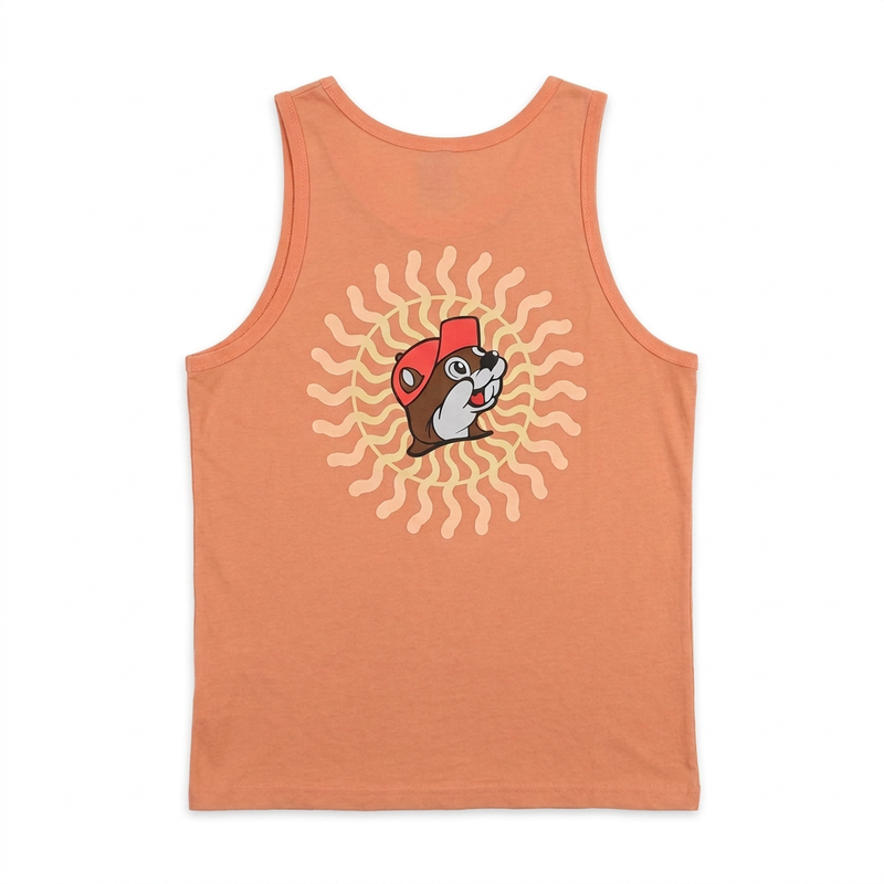 Buc-ee’s Sun Logo Tank Top with a large beaver mascot inside a wavy pastel sunburst