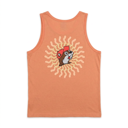 Buc-ee’s Sun Logo Tank Top with a large beaver mascot inside a wavy pastel sunburst