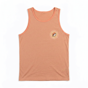Buc-ee’s Sun Logo Tank Top in peach with coral ringer trim and a small beaver sunburst logo on the left chest