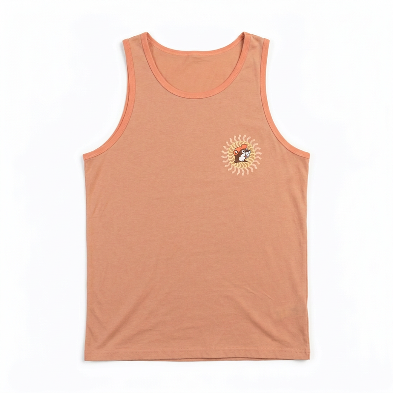 Buc-ee’s Sun Logo Tank Top in peach with coral ringer trim and a small beaver sunburst logo on the left chest