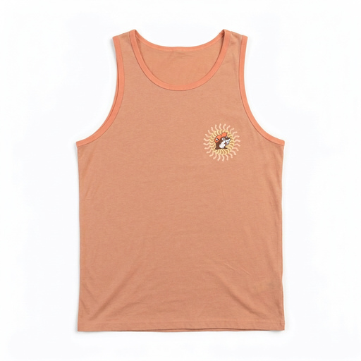Buc-ee’s Sun Logo Tank Top in peach with coral ringer trim and a small beaver sunburst logo on the left chest