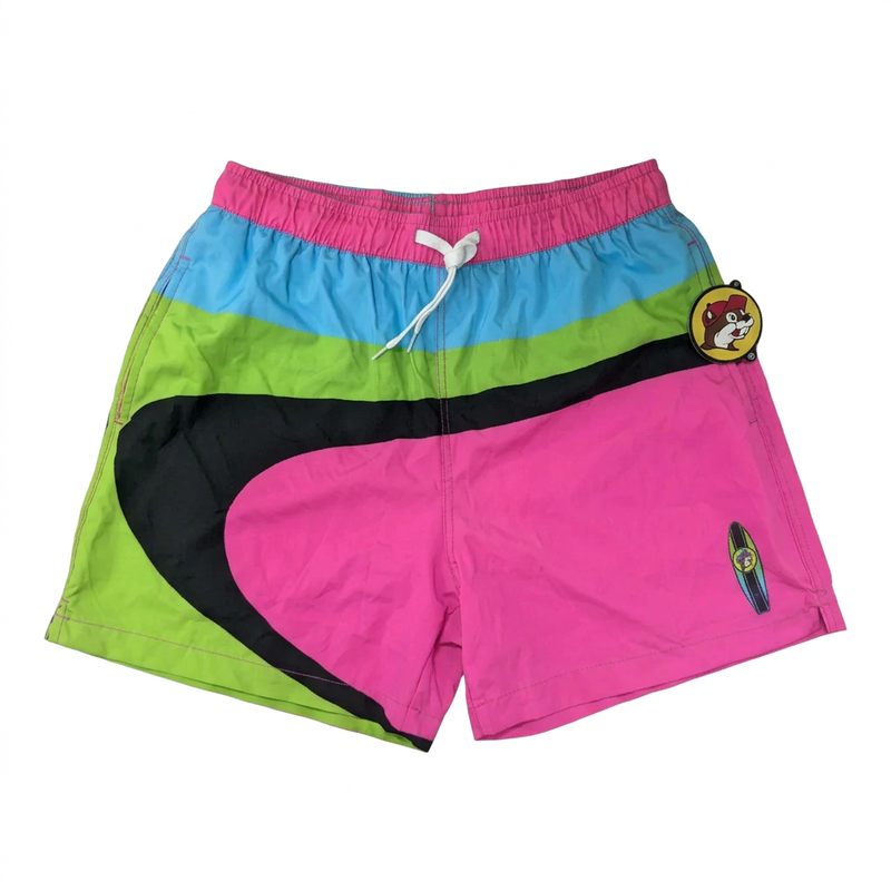 Buc-ee’s Surf men’s swim shorts in neon pink, blue, and lime green with black wave design and white drawstring
