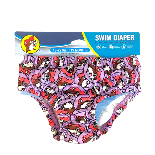 Buc-ee’s Swim Diaper in purple with an all-over beaver logo print, size 18–22 lbs (12 months), on its header card
