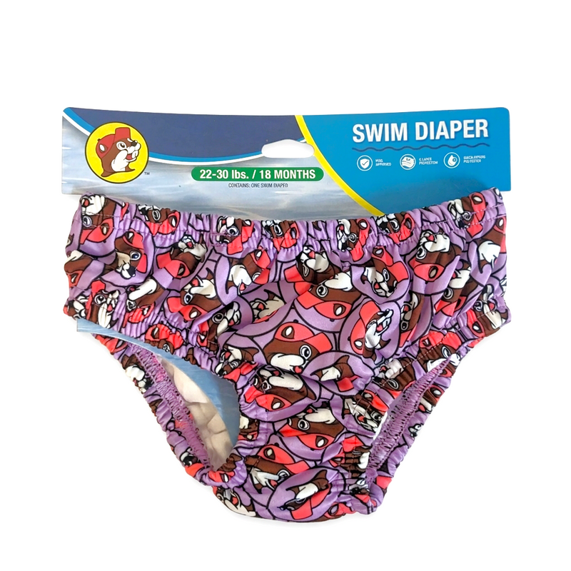 Buc-ee’s Swim Diaper in purple with an all-over beaver logo print, size 22–30 lbs (18 months