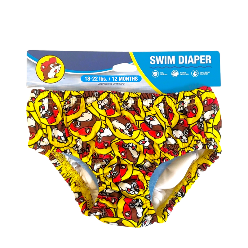 Buc-ee’s Swim Diaper in yellow with an all-over beaver logo print, size 18–22 lbs (12 months)