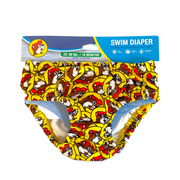 Buc-ee’s Swim Diaper in yellow with an all-over beaver logo print, size 22–30 lbs (18 months)