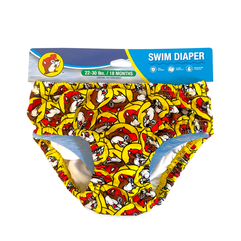 Buc-ee’s Swim Diaper in yellow with an all-over beaver logo print, size 22–30 lbs (18 months)