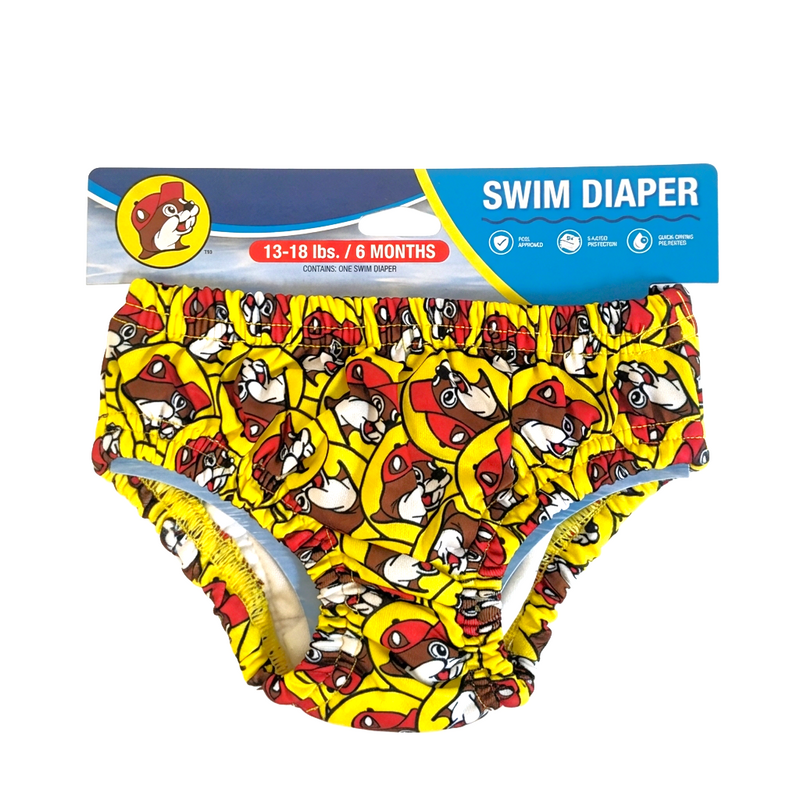 Buc-ee’s Swim Diaper in yellow with an all-over beaver logo print, size 13–18 lbs (6 months)