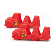 Two red silicone Buc-ee's Taco Truck taco holders shaped like vintage pickup trucks, each with a Buc-ee's beaver sticker on the door and two taco slots in the bed, on a white background.