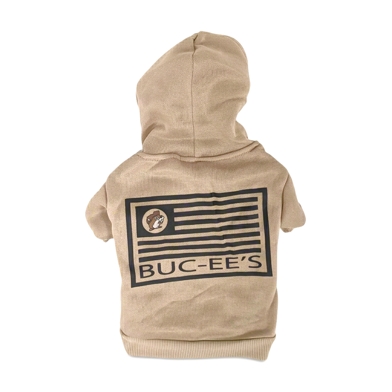 Buc-ee’s Tan Flag Pet Hoodie, back view showing a black striped flag graphic with the beaver logo and BUC-EE’S text