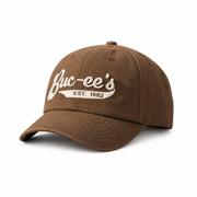 Buc-ee's tan baseball cap with a raised cream 3-D embroidered script logo and EST. 1982 swoosh
